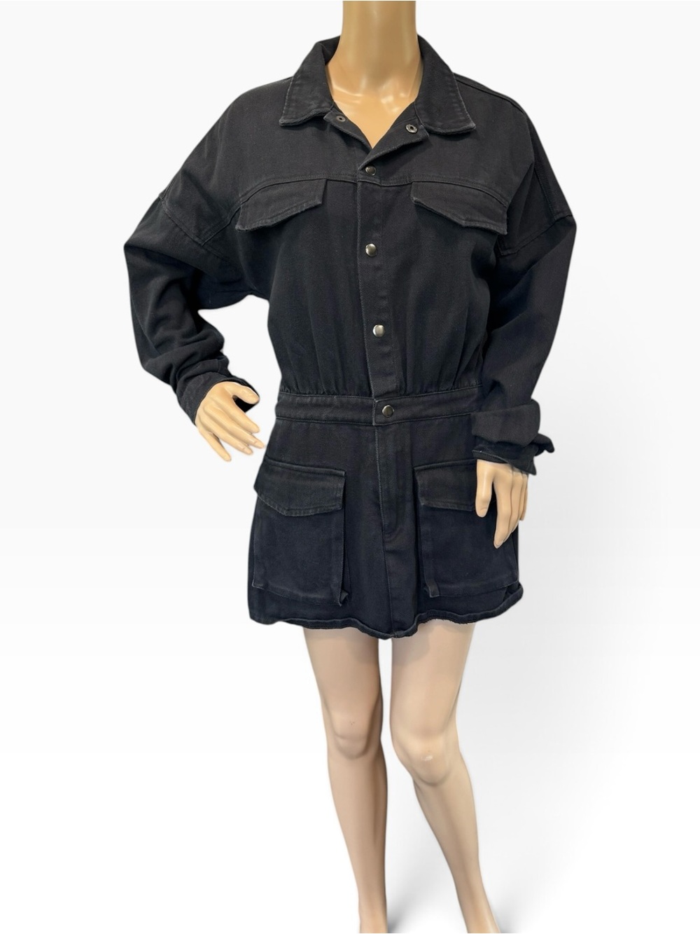 Idem Ditto Women Size Medium Utility Skort Romper Dress Black Cotton Denim